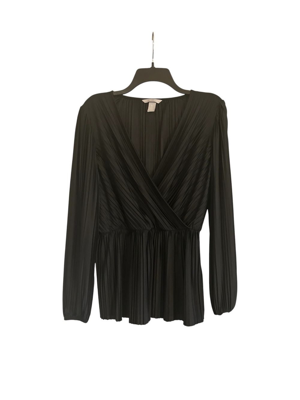 H&M Pleated Plunge Neck Black Size Small Long Sleeve Blouse